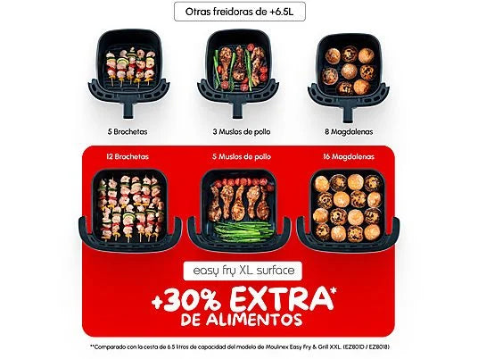 Freidora de aire - Moulinex Easy Fry XL Surface AL402H, Superficie de cocción XL, Doble resistencia, 2200 W, 4 L, 10 Programas, Compacta, Gris