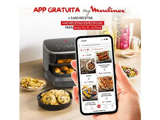 Freidora de aire - Moulinex Easy Fry XL Surface AL402H, Superficie de cocción XL, Doble resistencia, 2200 W, 4 L, 10 Programas, Compacta, Gris