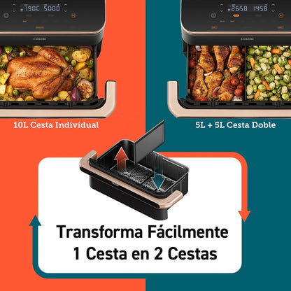 Freidora de aire - Cosori Dual Blaze Twinfry™ chef Edition, capacidad 10L, 2800W, Temporizador 1min – 48h, 6 programas en 1, Wifi, Negro