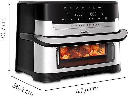 Freidora de aire - Moulinex Dual Easy Fry Flex EZ922D, 2700W, 9L, 7 programas, Separador de cesta, 40°C-200°C, hasta 8 personas, Negro