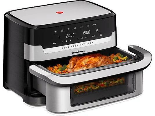 Freidora de aire - Moulinex Dual Easy Fry Flex EZ922D, 2700W, 9L, 7 programas, Separador de cesta, 40°C-200°C, hasta 8 personas, Negro