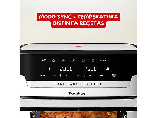 Freidora de aire - Moulinex Dual Easy Fry Flex EZ922D, 2700W, 9L, 7 programas, Separador de cesta, 40°C-200°C, hasta 8 personas, Negro