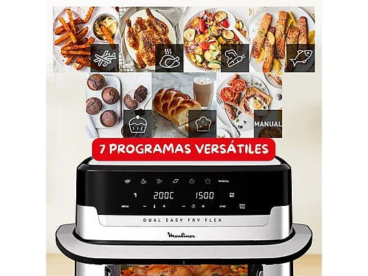 Freidora de aire - Moulinex Dual Easy Fry Flex EZ922D, 2700W, 9L, 7 programas, Separador de cesta, 40°C-200°C, hasta 8 personas, Negro