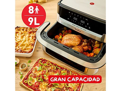 Freidora de aire - Moulinex Dual Easy Fry Flex EZ922D, 2700W, 9L, 7 programas, Separador de cesta, 40°C-200°C, hasta 8 personas, Negro