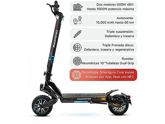 SMARTGYRO Crossover Dual Max LR C, Homologado DGT, Pot. máx. 1000 W, Carga máx. 140 kg, 60 km autonomía, 18,000 mAh, Negro