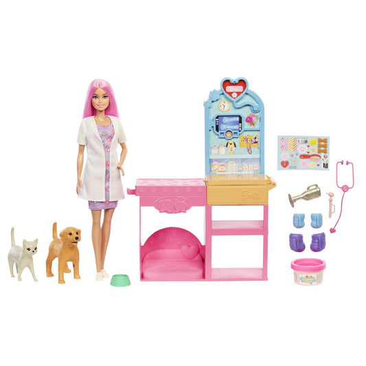 Barbie y su Clínica Veterinaria Muñeca con Pelo Rosa, Muebles de Consulta y Accesorios
