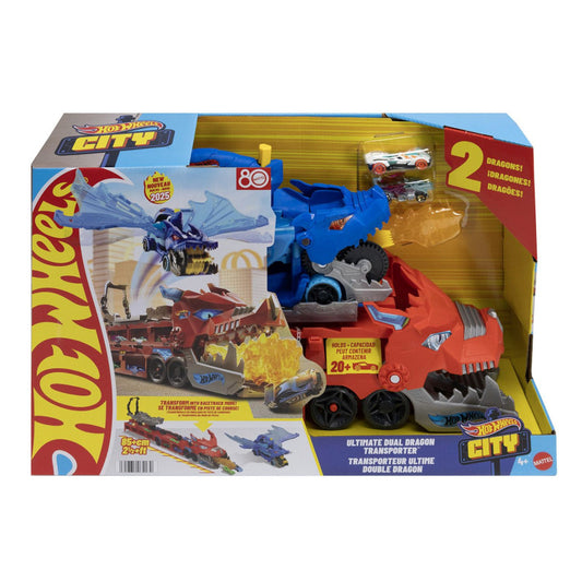Hot Wheels City Dragón Transportador con Ataque Doble Definitivo con 2 Coches