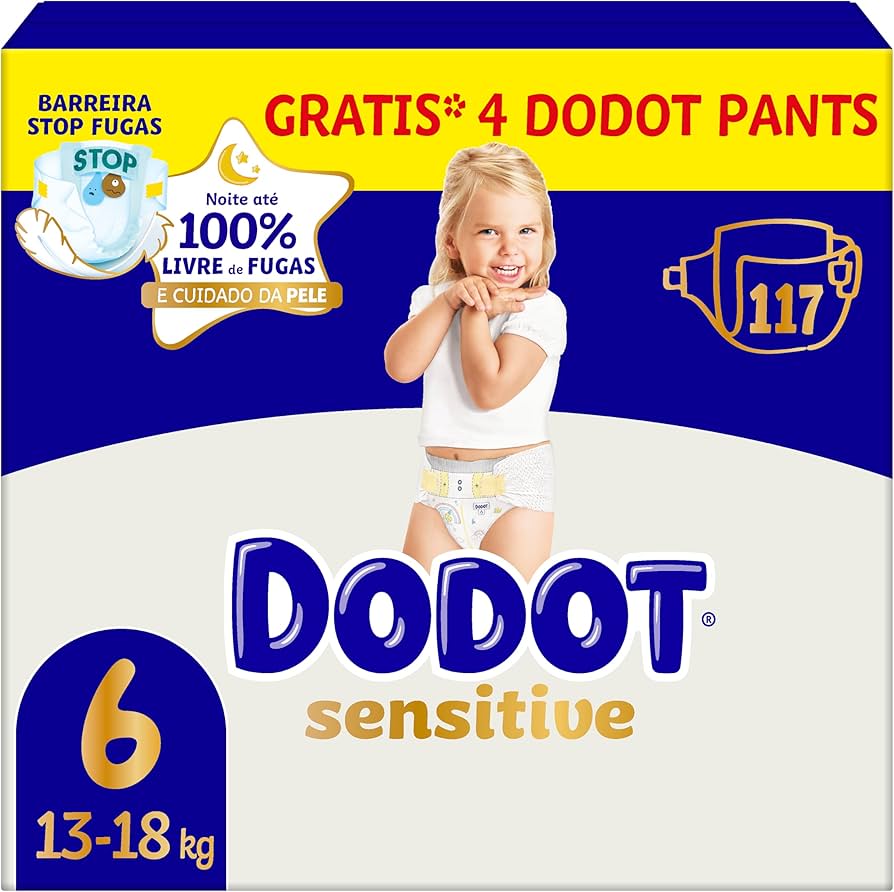 Dodot Pañales Bebé Sensitive, Talla 6 (+13 kg), 117 Pañales + 4 Pants de Regalo, Hasta 12 h De Protección Antifugas y Cuidado de la Piel, Pack Mensual