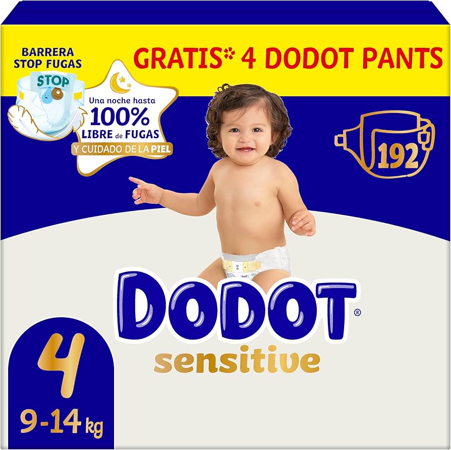 Dodot Pañales Bebé Sensitive, Talla 4 (9-14 kg), 192 Pañales + 4 Pants de Regalo, Hasta 12 h De Protección Antifugas y Cuidado de la Piel, Pack Mensual