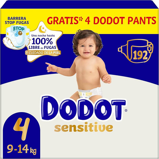 Dodot Pañales Bebé Sensitive, Talla 4 (9-14 kg), 192 Pañales + 4 Pants de Regalo, Hasta 12 h De Protección Antifugas y Cuidado de la Piel, Pack Mensual