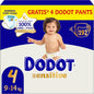 Dodot Pañales Bebé Sensitive, Talla 4 (9-14 kg), 192 Pañales + 4 Pants de Regalo, Hasta 12 h De Protección Antifugas y Cuidado de la Piel, Pack Mensual