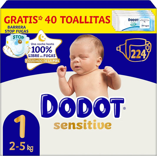 Dodot Pañales Bebé Sensitive, Talla 1 (2-5 kg), 224 Pañales + Regalo de 40 Toallitas Aqua Pure 99% Agua, Hasta 12 h De Protección Antifugas y Cuidado de la Piel, Pack Mensual