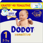 Dodot Pañales Bebé Sensitive, Talla 1 (2-5 kg), 224 Pañales + Regalo de 40 Toallitas Aqua Pure 99% Agua, Hasta 12 h De Protección Antifugas y Cuidado de la Piel, Pack Mensual