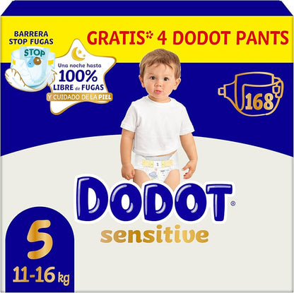 Dodot Pañales Bebé Sensitive, Talla 5 (11-16 kg), 168 Pañales + 4 Pants de Regalo, Hasta 12 h De Protección Antifugas y Cuidado de la Piel, Pack Mensual